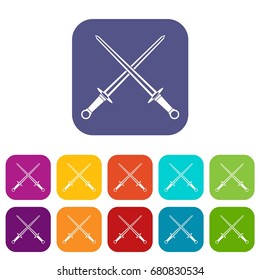 Swords icons set vector illustration in flat style in colors red, blue, green, and other