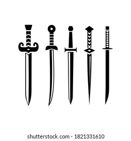 Swords knives daggers sharp blades flat icon  Black silhouettes set isolated vector illustration