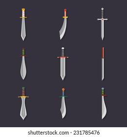 Swords knives daggers sharp blades flat icon set isolated vector illustration