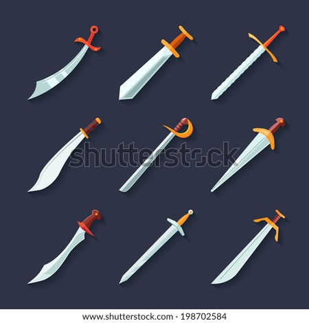 Swords knives daggers sharp blades flat icon set isolated vector illustration