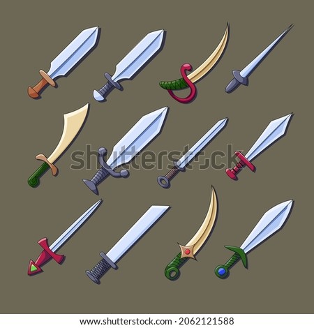 Swords and knives set for games and illustrations. Different types.