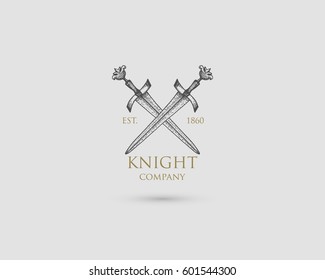 Swords Logo, medieval knight dagger antique vintage symbol , engraved hand drawn in sketch or wood cut style, old looking retro