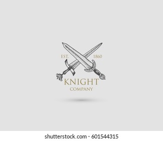 Swords Logo, medieval knight dagger antique vintage symbol , engraved hand drawn in sketch or wood cut style, old looking retro
