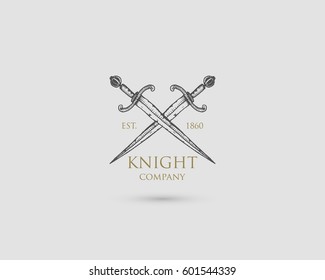 Swords Logo, medieval knight dagger antique vintage symbol , engraved hand drawn in sketch or wood cut style, old looking retro