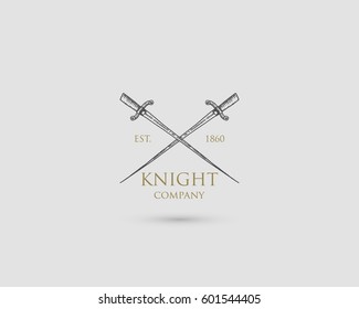 Swords Logo, medieval knight dagger antique vintage symbol , engraved hand drawn in sketch or wood cut style, old looking retro
