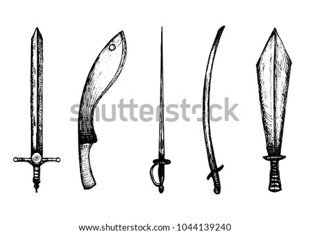 swords and machetes sketches set. vector vintage hand drawings