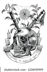 Swords and nails are inserted into the skull in the deserted land. Engraving illustration vintage style for tattoo art.