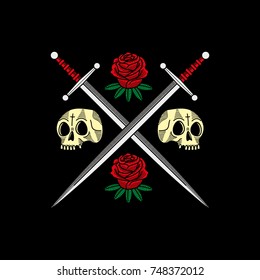 Swords Roses Skulls Black Background