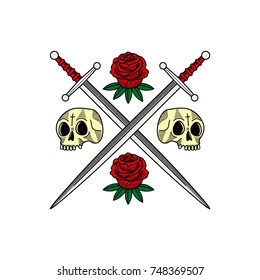 Swords Roses Skulls White Background