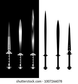 swords set. sword isolated on black and white background , Military sword  ancient weapon design, weapon silhouette.