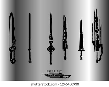 swords set. sword isolated on background , Military sword  ancient weapon design silhouette, European straight swords., vector illustration, Daggers and Knives Hand Drawn