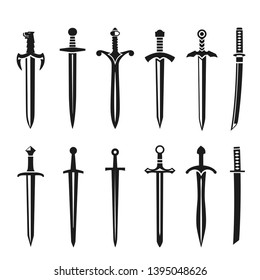 swords set. sword isolated on white background , Military sword ancient weapon design silhouette, European straight swords., vector illustration, Daggers and Knifes Hand Drawn