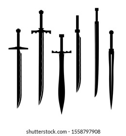 swords set. sword isolated on white background , Military sword  ancient weapon design silhouette, European straight swords., vector illustration, Daggers and Knifes Hand Drawn