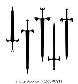 espadas puestas. espada aislada en fondo blanco , Silueta de diseño de armas antiguas de la espada militar, espadas rectas europeas, ilustración vectorial, dagas y cuchillas dibujadas a mano