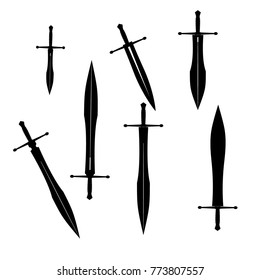 swords set. sword isolated on white background , Military sword  ancient weapon design silhouette, European straight swords., vector illustration, Daggers and Knifes Hand Drawn