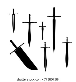 swords set. sword isolated on white background , Military sword  ancient weapon design silhouette, European straight swords., vector illustration, Daggers and Knifes Hand Drawn