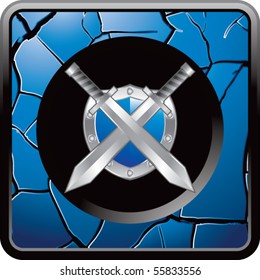 espadas y icono de la web de protección con grietas azules
