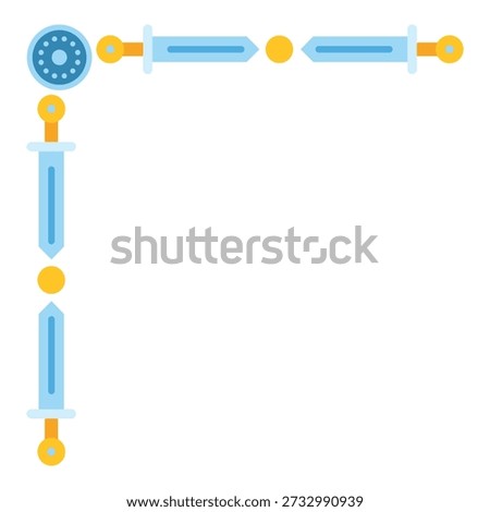 Swords and a shield creating a decorative corner border on a white background