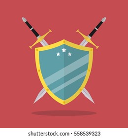 Swords And Shield Flat Style. Vector Illustration