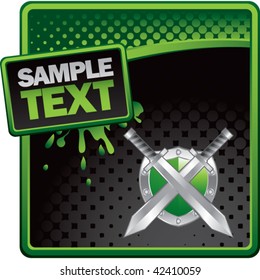 swords and shield green and black halftone grungy ad
