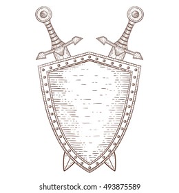 Swords and shield. Hand drawn sketch. Vector illustration isolated on white background