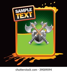 swords and shield on orange splattered advertisement