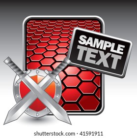 Schwerter und Schild auf rotem Hexagon und