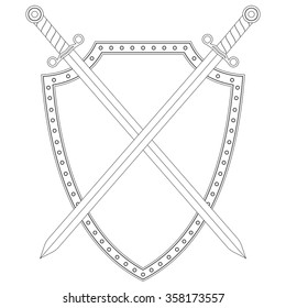 Swords and shield. Vector isolated on white background