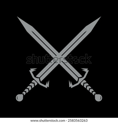 Swords vector art grey. Crossed Swords isolated on black background. Sword Silhouette, swords logo.