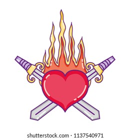 swords weapon inside heart with passion fire