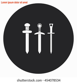 Swords web icon. Gray circle button with white illustration.