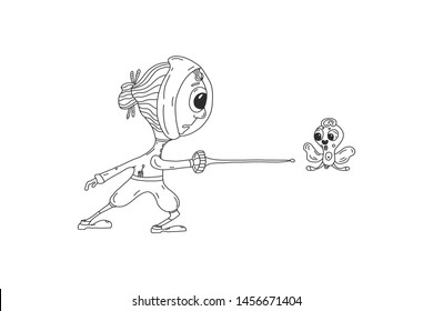 Swordsman in attack with the foil, women's athletic nature, sport, active sports and healthy lifestyle. vector illustration in cartoon style.