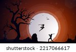 swordsman duel. silhouette of a person. two swordsmen fighting. female swordsman jumps to attack the enemy. duel. sunset walpaper. full moon illustration background. 