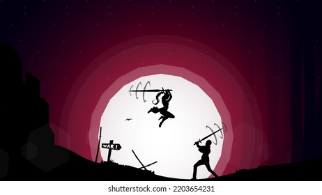 swordsman duel. silhouette of a person. two swordsmen fighting. female swordsman jumps to attack the enemy. duel.