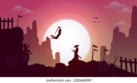 swordsman duel. silhouette of a person. two swordsmen fighting. duel. swordsman jumps to attack the enemy.