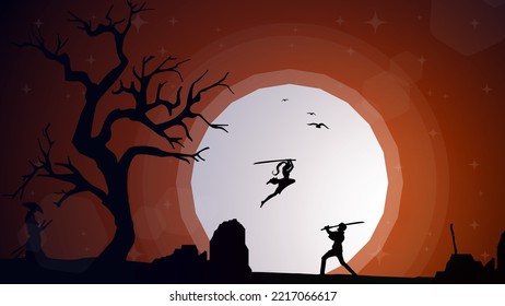 swordsman duel. silhouette of a person. two swordsmen fighting. female swordsman jumps to attack the enemy. duel. sunset walpaper. full moon illustration background. 