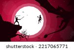 swordsman duel. silhouette of a person. duel. swordsman vs witch. float witch with dragon. fantasy background. samurai boy anime wallpaper. fantasy walpaper for desktop.