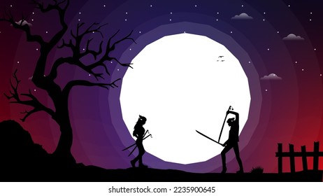 swordsman duel. two swordsmen fighting. duel. fantasy walpaper with samurai.