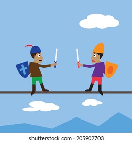Swordsman fighting on thin line over blue sky and white clouds