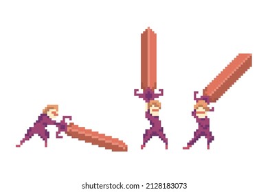 Swordsman with a huge sword. Illustration and attack animation in pixel art style