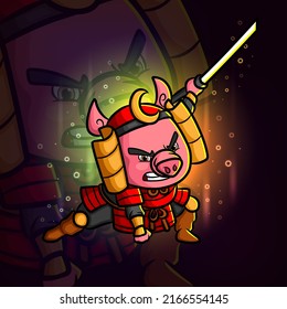 The swordsman pig is ready for fight esport mascot logo design of illustration