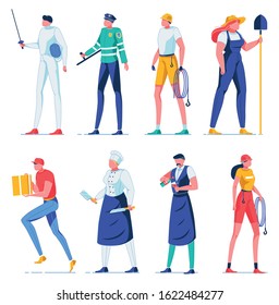 Swordsman in Protective Uniform, Police Woman, Rescuer, Farmer with Shovel Flat Cartoon Vector Illustration. Delivery Man Running with Parcel Box. Chef Holding Knives. Chef Holding Knives.