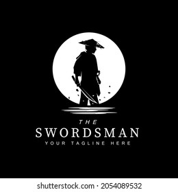 Swordsman Silhouette With Straw Ninja Hat On His Head