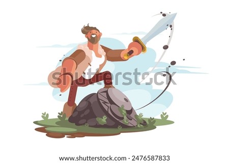 Sword-Wielding Warrior Victory, vector illustration. Triumph over adversity theme.