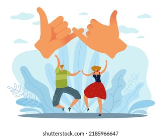 Sworn promise. An informal transaction, reconciliation gesture, friendship, pinky pledge oath. Happy couple hold hands. Friends communication, love and trust vector cartoon flat concept