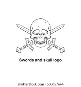 Swors and skull logo. black and white.