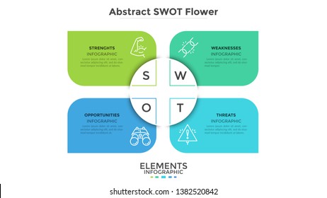 SWOT abstract flower chart with 4 colorful petals. Modern diagram for analysis of company's advantages and disadvantages and strategic planning. Flat infographic design template. Vector illustration.