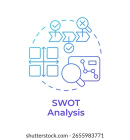 Ícone de conceito de gradiente azul da análise SWOT. Pontos fortes, pontos fracos, oportunidades e ameaças. Ferramenta de avaliação de lacunas. Ilustração de linha de forma redonda. Ideia abstrata. Design gráfico. Fácil de usar no post do blog