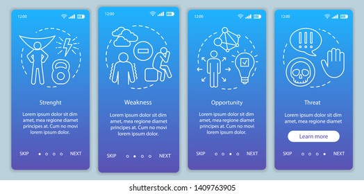 SWOT analysis blue gradient onboarding mobile app page screen vector template. Strength, opportunity, threat walkthrough website steps with illustrations. UX, UI, GUI smartphone interface concepts