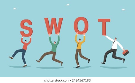 SWOT-Analyse, Brainstorming zur Zielsetzung, SWOT-Analyse-Team, das an der Chancenliste arbeitet, strategische Planung, Implementierung von Business-Analyse-Tools, Projektmanagement, Personen-Runs mit SWOT-Buchstaben.